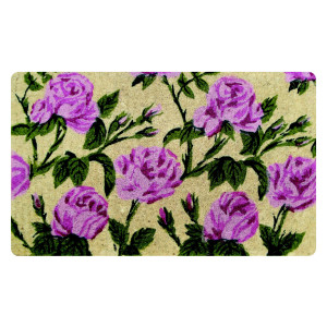 Rectangular natural coir doormat decorated with a trailing rose design
