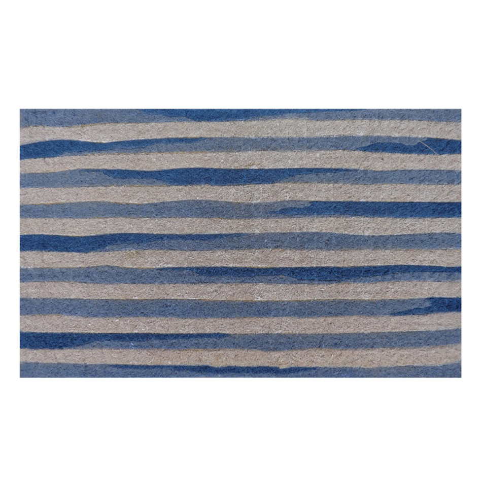 Natural coir doormat with painted blue watercolour stripes