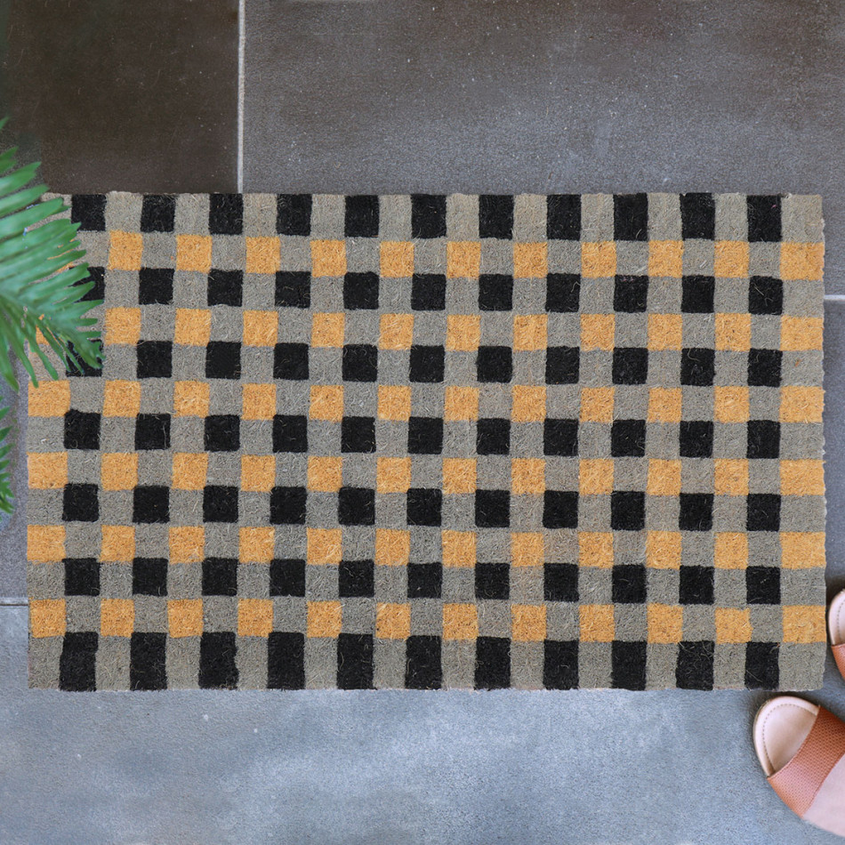 Rectangular coir doormat with a black and grey gingham pattern