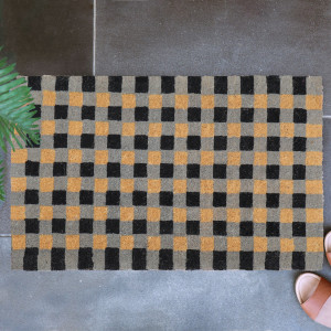 Rectangular coir doormat with a black and grey gingham pattern