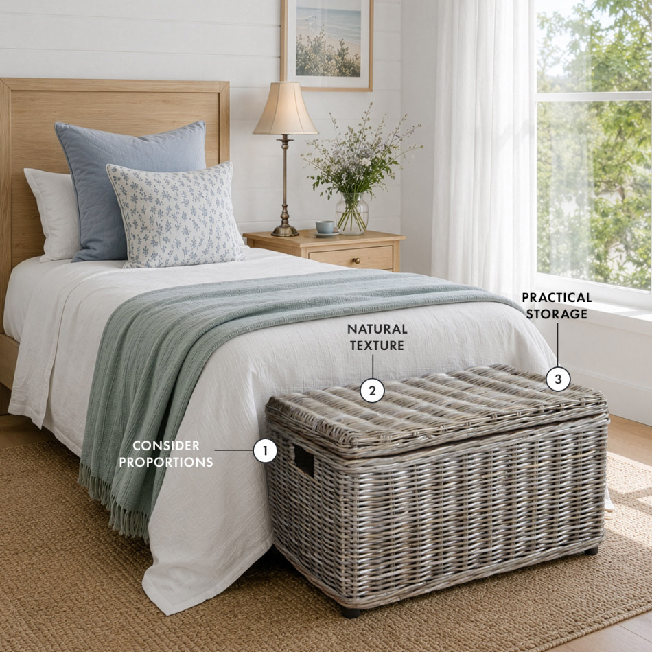 Greywashed wicker storage trunk at the foot of a bed, adding natural texture, practical hidden storage and timeless country charm to a softly styled bedroom.