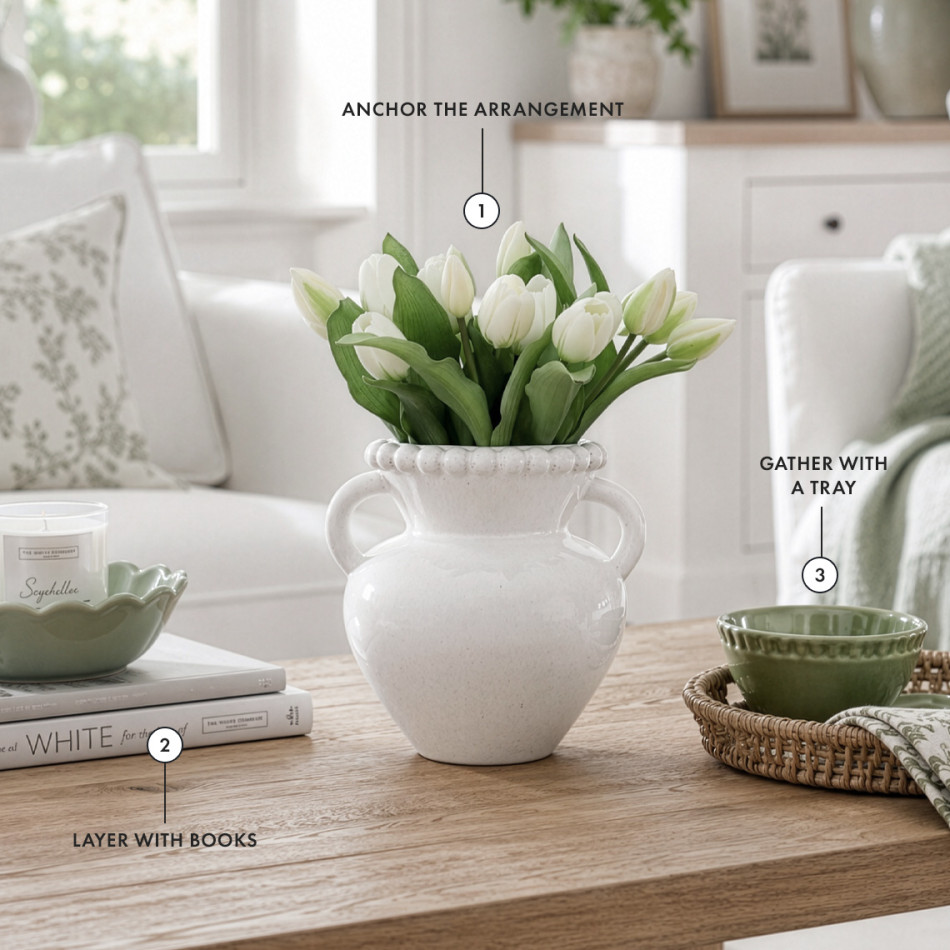 Timber coffee table styled with a vase of white tulips, stacked books, a candle and woven tray, showing how to anchor an arrangement, create layers and group smaller pieces.