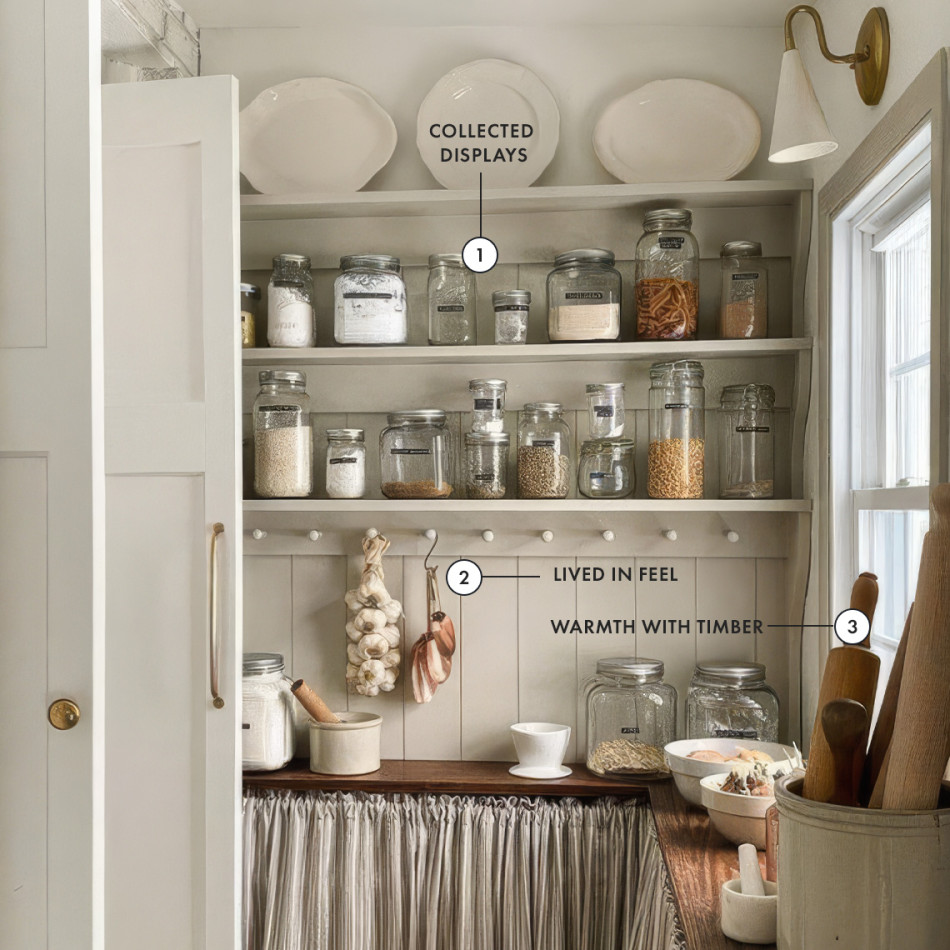 Modern country kitchen layered with collected glassware, warm timber and everyday pieces, showing how practical details can create a relaxed, lived-in feel.