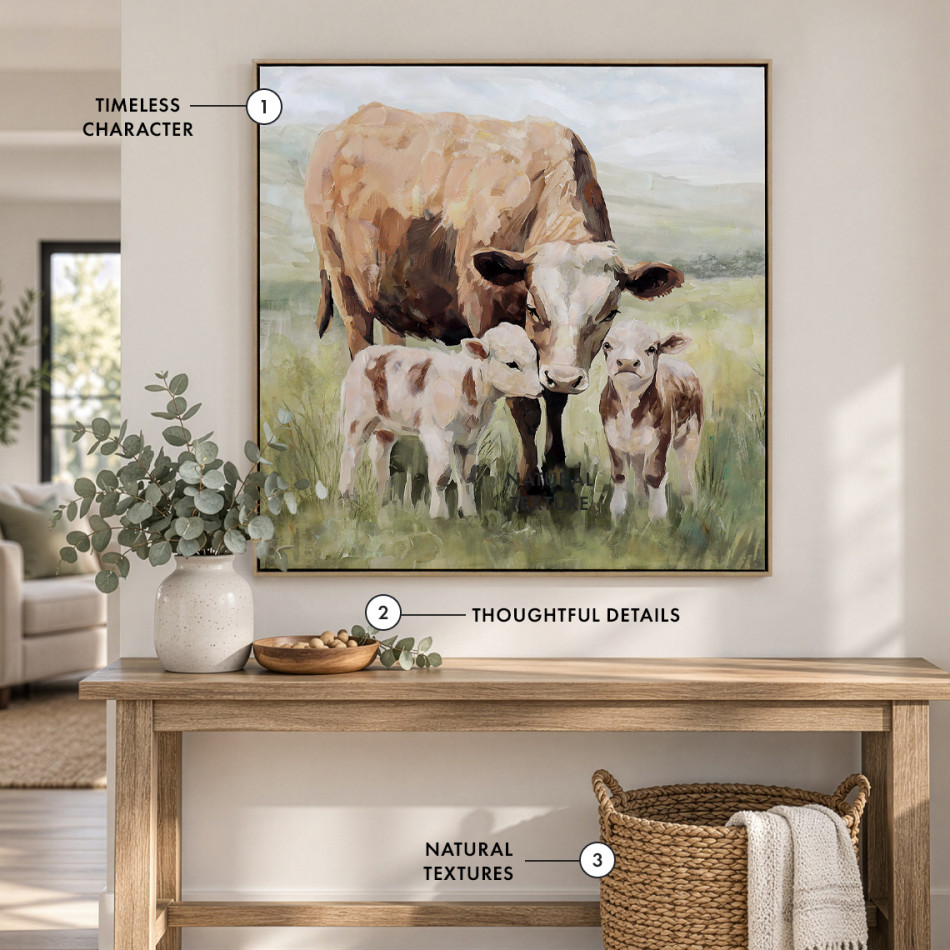 Modern country interior featuring framed cow and calf artwork above a natural timber console, styled with a ceramic vase, eucalyptus, woven basket and soft throw, combining timeless country character, natural textures and thoughtful details.