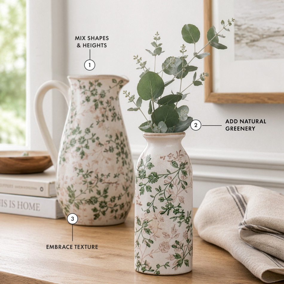 Two vintage-inspired floral ceramic vases in different heights, styled with eucalyptus greenery, books and natural linen on a timber sideboard, illustrating how to mix shapes and heights, embrace texture and add natural greenery for a beautifully balanced