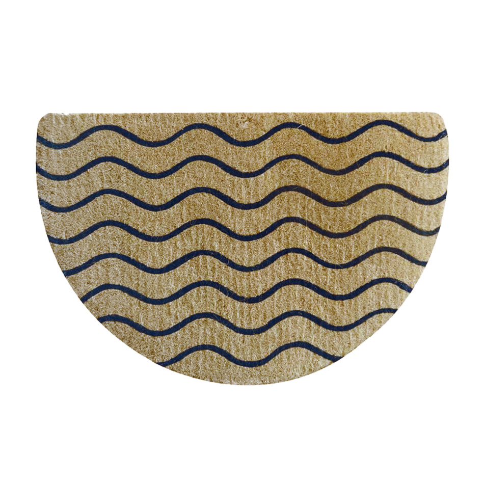 Large half-round natural coir doormat with flowing charcoal wavy lines