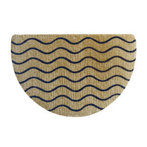 Large half-round natural coir doormat with flowing charcoal wavy lines
