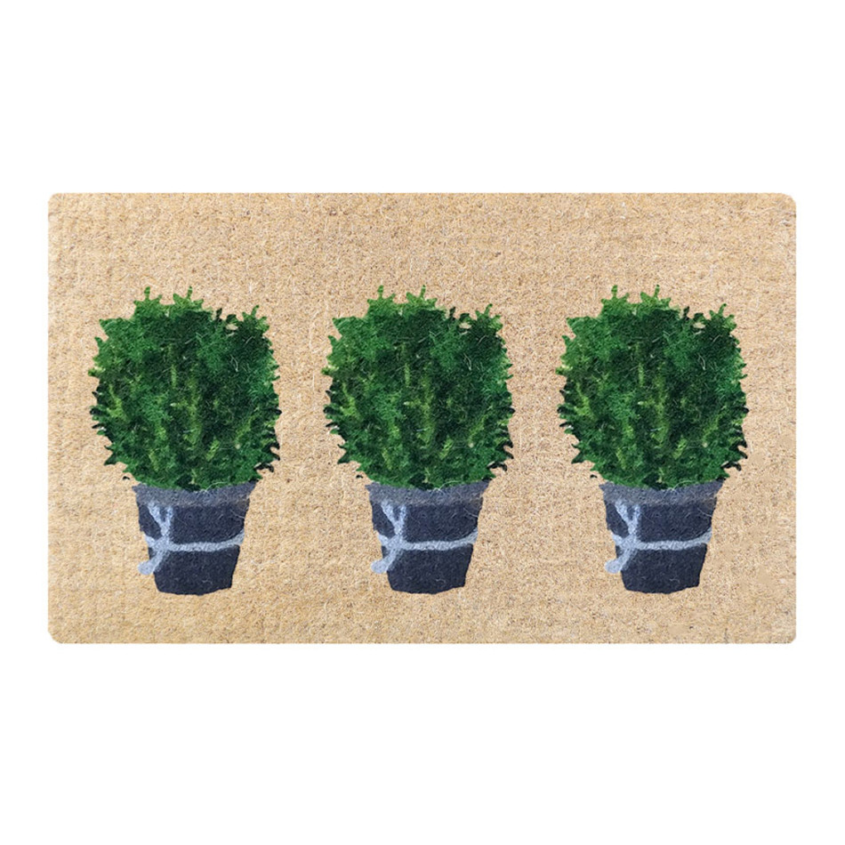 Natural coir doormat with a dove-grey design featuring three potted rosemary plants
