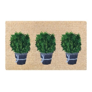 Natural coir doormat with a dove-grey design featuring three potted rosemary plants