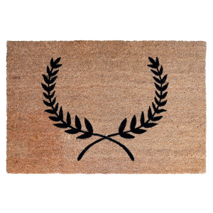 Full view of the rectangular Laurel Wreath coir doormat with black botanical motif