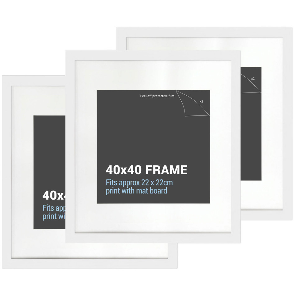 Set of three white square picture frames with matching white mat boards