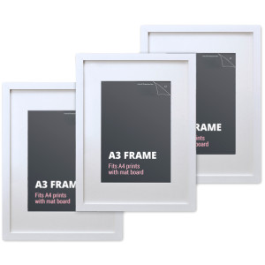 Set of three white A3 picture frames with matching white mat boards