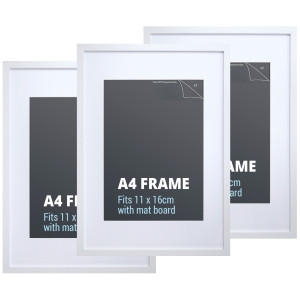 Set of three white A4 picture frames with removable white mat boards