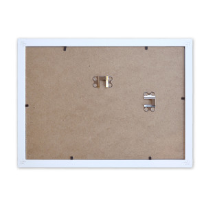 Rear of a white A4 picture frame showing the closures and hanging hardware