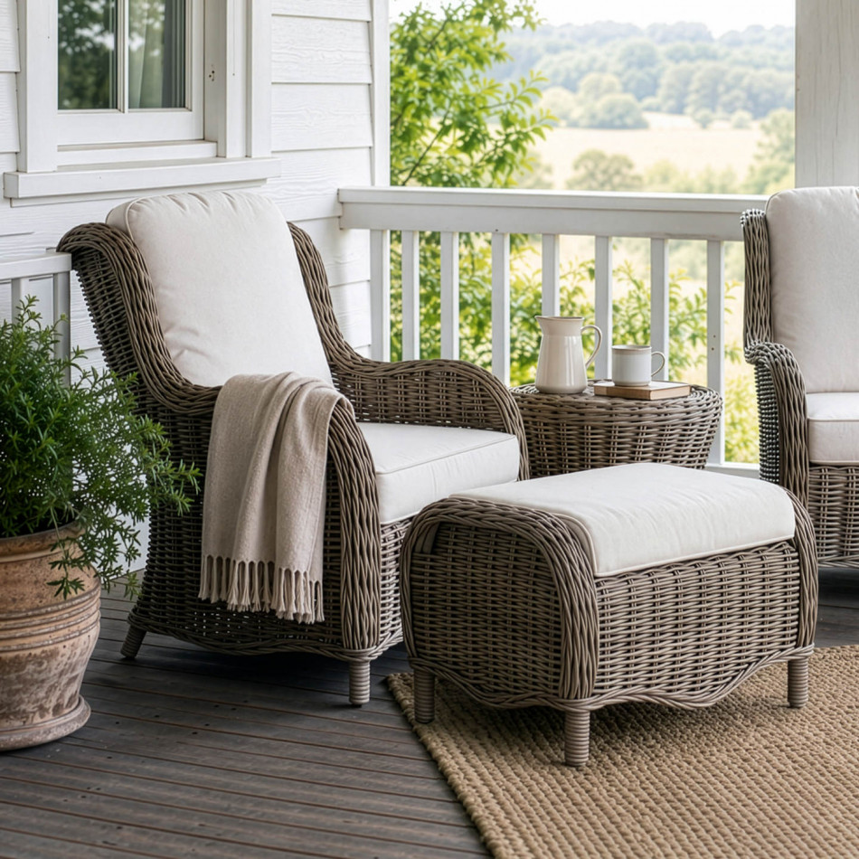 Albany rattan armchair and matching footstool on a covered verandah