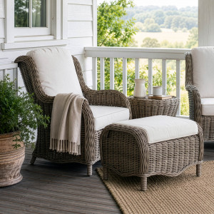 Albany rattan armchair and matching footstool on a covered verandah