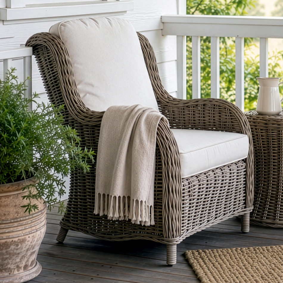 Albany antique grey rattan armchair with cream seat and back cushions