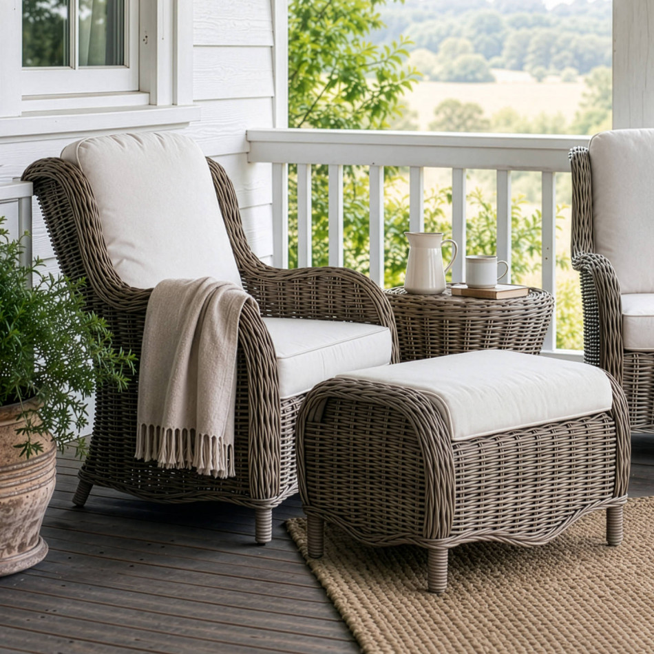 Albany footstool paired with its matching rattan armchair on a verandah