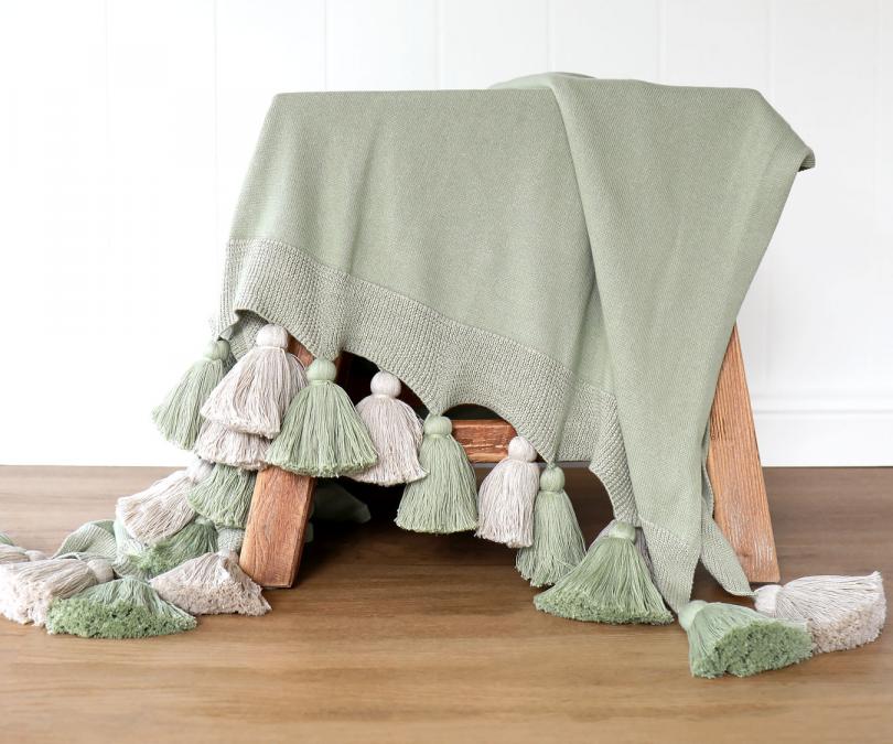 Heidi Sage Green Pom Pom Tassel Throw