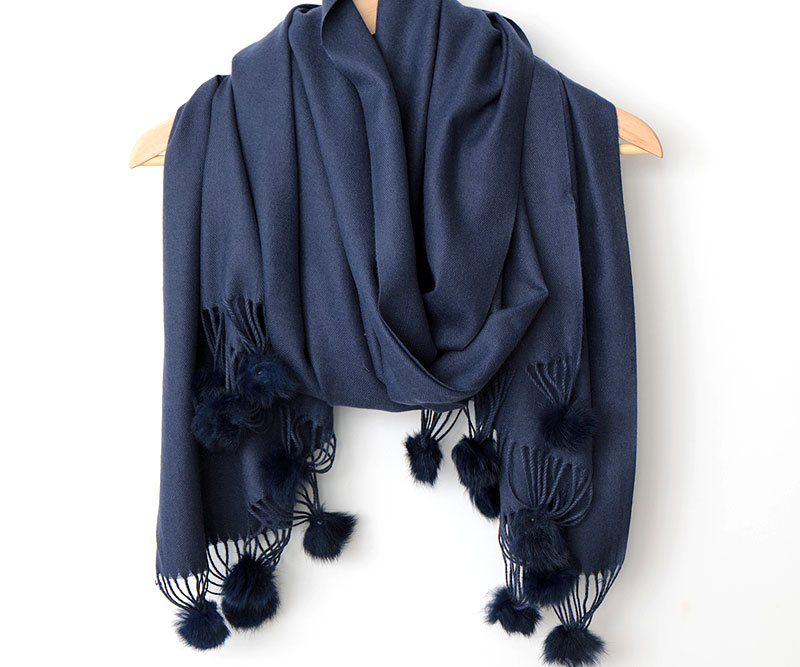 Ascot Cashmere Scarf Pom Pom - Navy