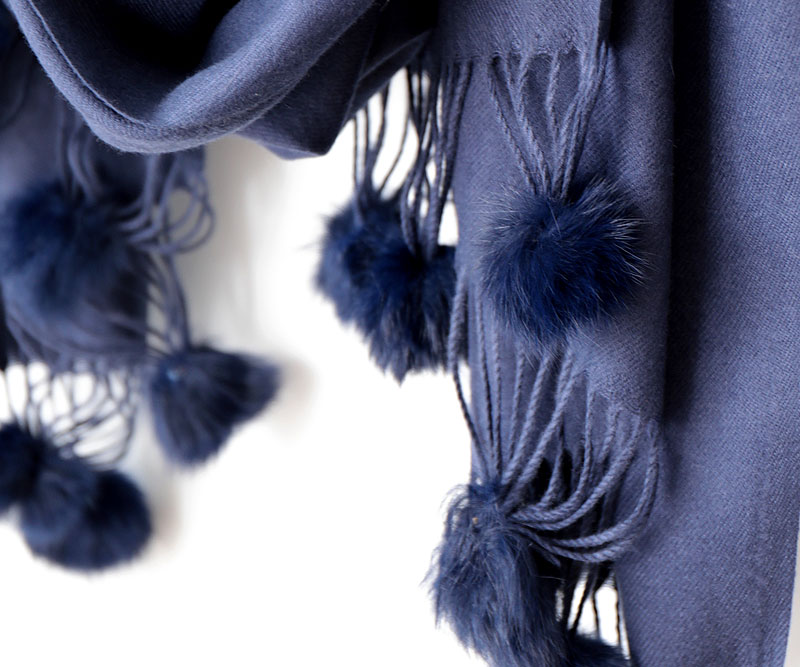 100% Cashmere Scarf Pom Pom - Navy