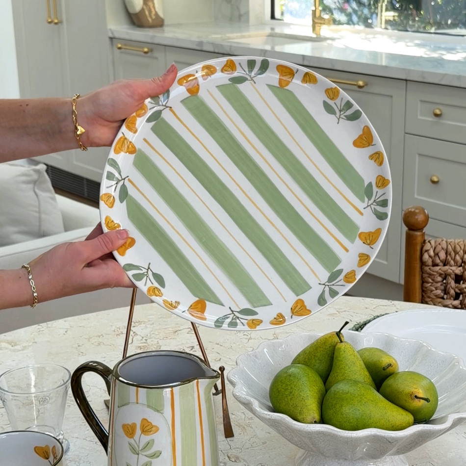 Round Amelia Green Floral Serving Platter, a tabletop piece suited to serving food or creating a decorative display