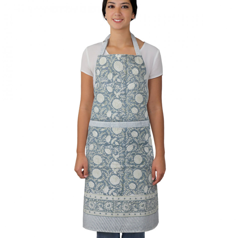 Samara Denim Blue Floral Apron, shown as a standalone product for clear identification