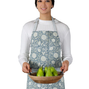Samara Denim Blue Floral Apron, highlighting the product's distinctive form and defining design
