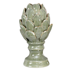 Tall sage green glazed ceramic artichoke ornament with layered leaves and a pedestal base