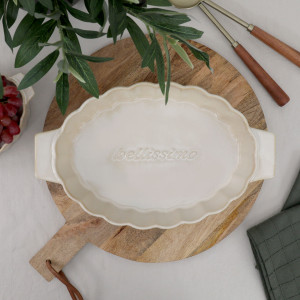 Toscana 'Bellissimo' Baking Dish - Sandstone, designed for practical dining use with an ornamental presentation