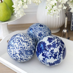 Chrysanthemum Set 3 Blue & White Ceramic Balls, decorative home accessory