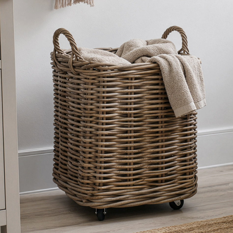 Amalfi Wheeled Square Laundry Basket - Small, woven storage basket