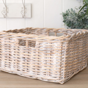 Rectangular River rattan basket with a fresh whitewash finish