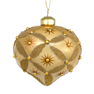 Seraphina gold onion Christmas decoration hanging against a white background