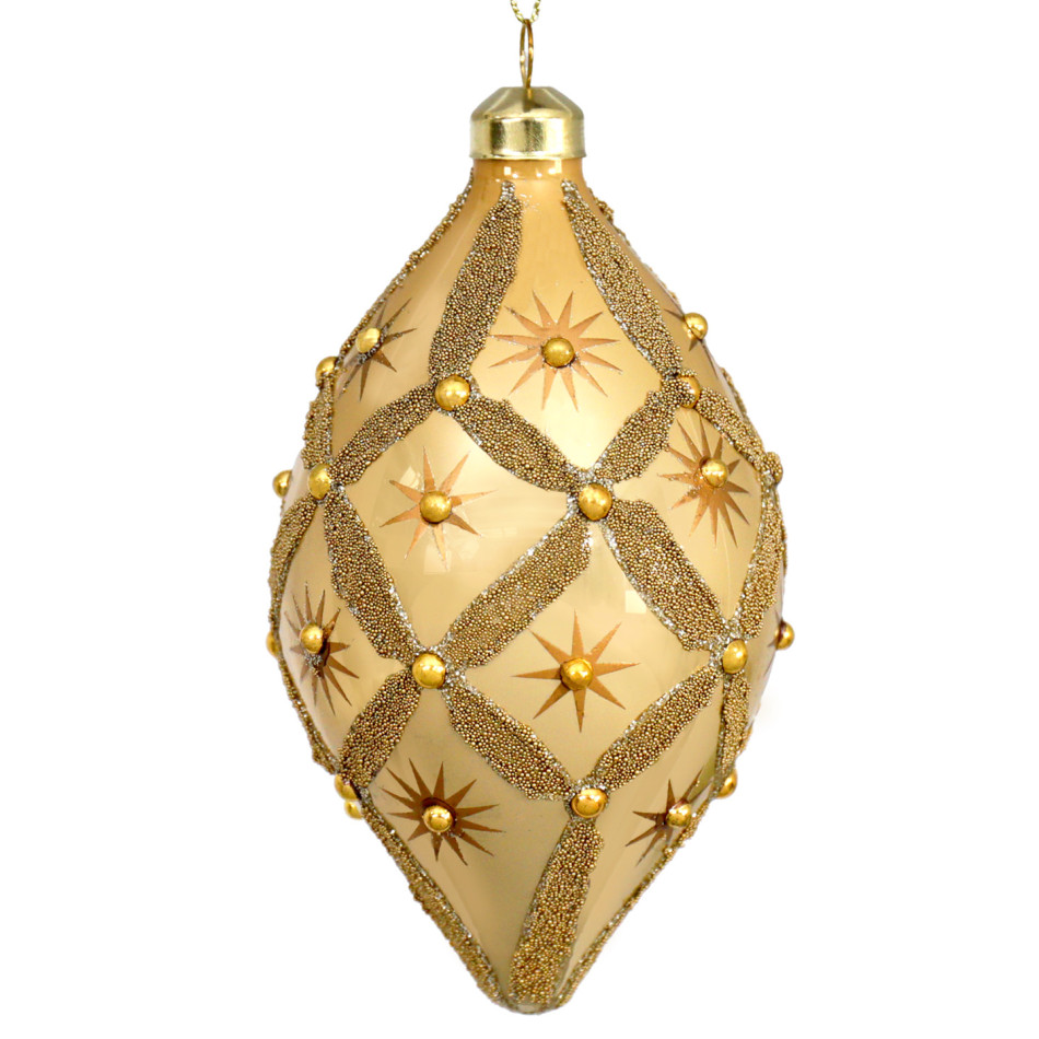 Seraphina gold teardrop Christmas decoration hanging against a white background