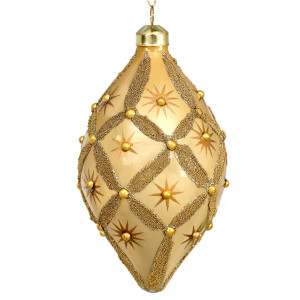 Seraphina gold teardrop Christmas decoration hanging against a white background