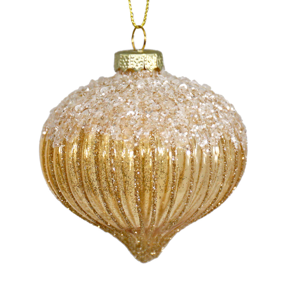 Francesca gold glass onion bauble with ribbed glitter detailing and a sparkling beaded top against a white background