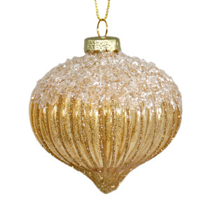 Francesca gold glass onion bauble with ribbed glitter detailing and a sparkling beaded top against a white background