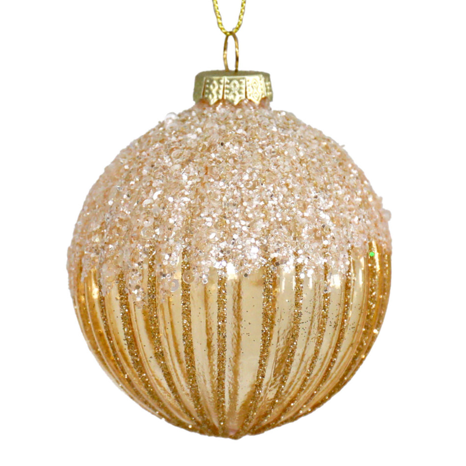 Round gold glass Christmas bauble with ribbed detailing and a frosted sparkling top against a white background