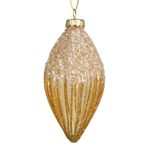 Francesca gold ribbed teardrop Christmas bauble hanging against a white background