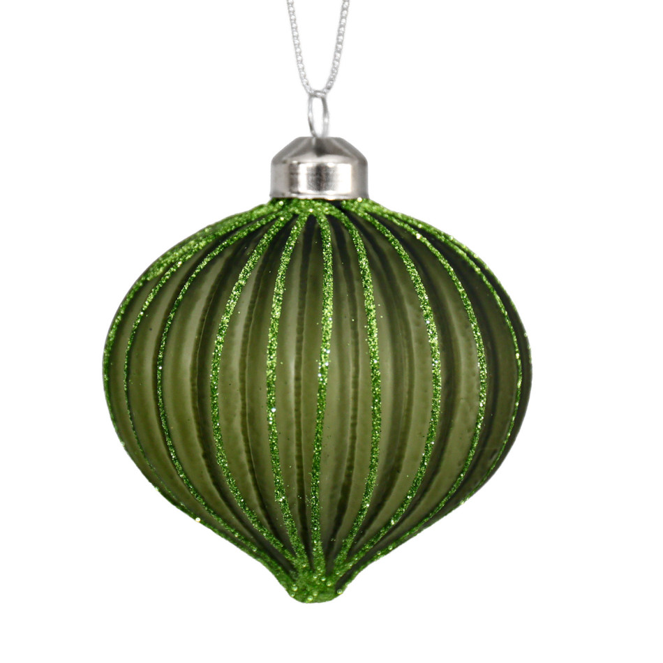 Marissa green fluted glass onion bauble hanging from a silver rope against a white background