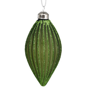 Marissa green fluted teardrop bauble hanging from a silver rope against a white background