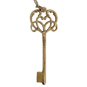 Front view of the Secret Garden gold key decoration with an ornate openwork top and twine hanger on a white background.