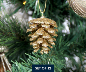 Set 12 Gold Glitter Pinecone Tree Ornaments