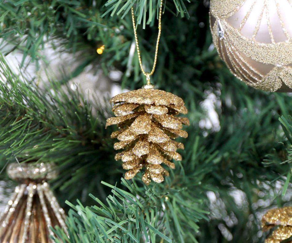 Set 12 Gold Glitter Pinecone Tree Ornaments