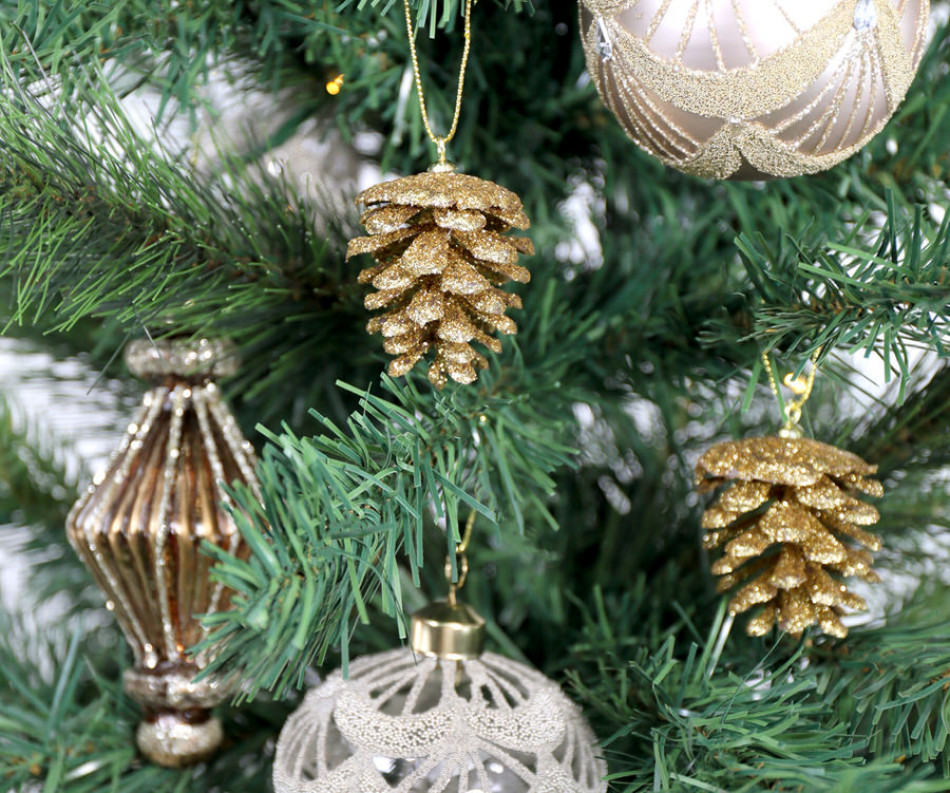 Set 12 Gold Glitter Pinecone Tree Ornaments