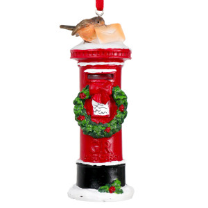 London mailbox ornament held by its red ribbon, showing the robin, envelope and wreath details