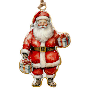 Metal Santa tree decoration with red suit, pale blue presents and gold-coloured edging on a white background