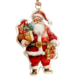 Santa ornament with red suit, brown and gold-toned gifts and gold-coloured edging on a white background