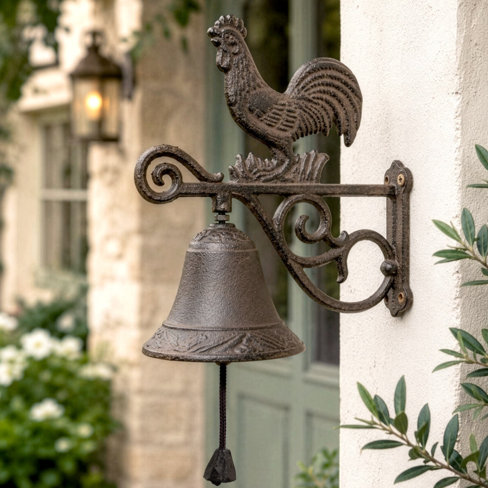 Rustic dark brown cast iron rooster wall bell mounted beside a garden entrance